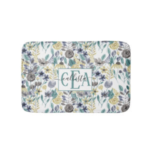 Modern Gray Yellow Floral Watercolor Monogram Bath Mat