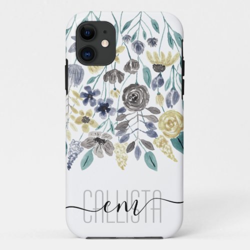 Modern Gray Yellow Floral Watercolor Monogram iPhone 11 Case