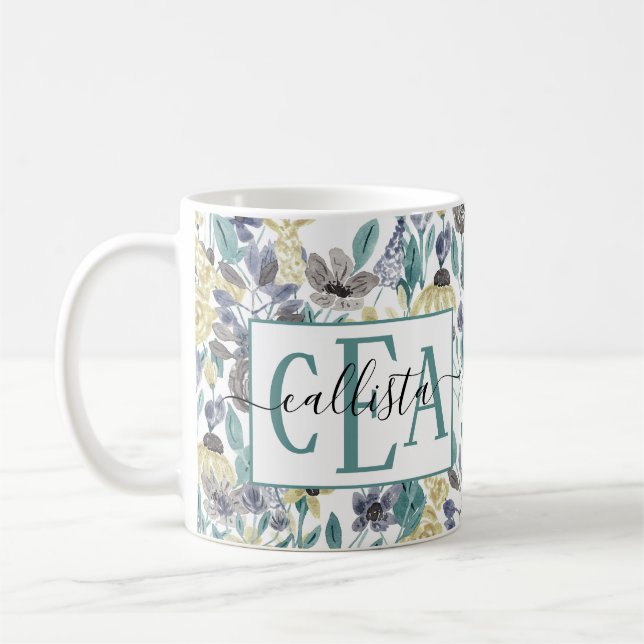 Modern Gray Yellow Floral Watercolor Monogram Coffee Mug (Left)