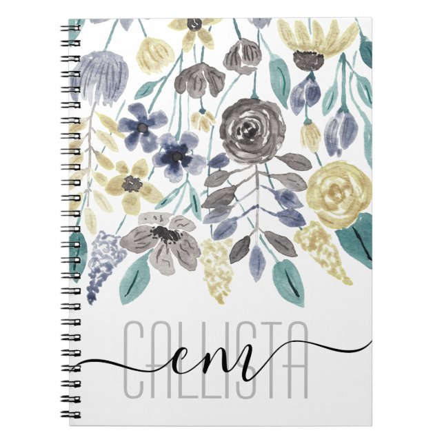 Modern Gray Yellow Floral Watercolor Monogram Notebook (Front)