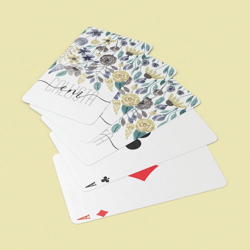 Modern Gray Yellow Floral Watercolor Monogram Playing Cards