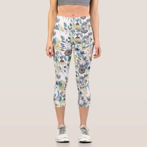 Modern Gray Yellow Floral Watercolor Pattern Capri Leggings