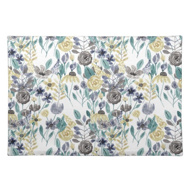 Modern Gray Yellow Floral Watercolor Pattern Cloth Placemat (Front)