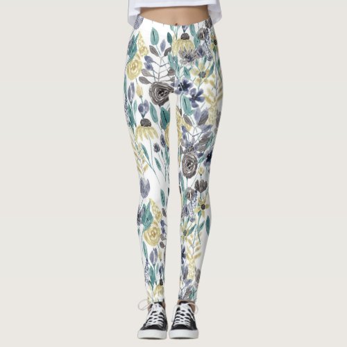 Modern Gray Yellow Floral Watercolor Pattern Leggings