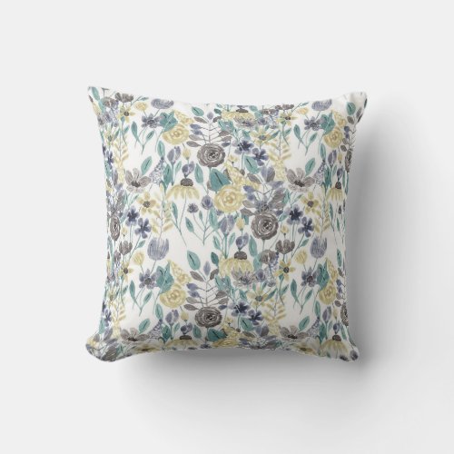 Modern Gray Yellow Floral Watercolor Pattern Outdoor Pillow