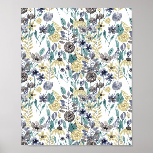 Modern Gray Yellow Floral Watercolor Pattern Poster
