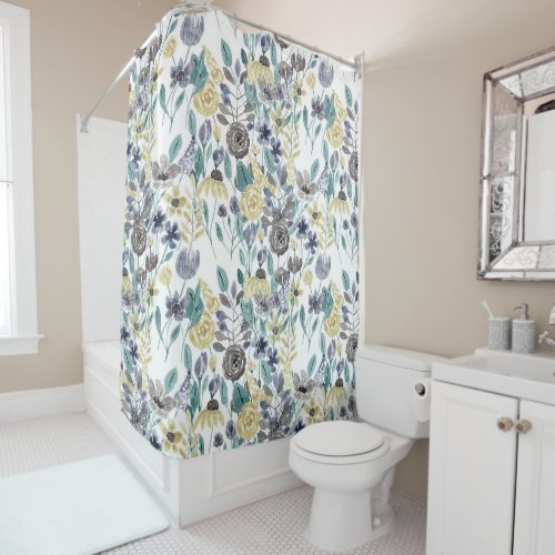 Modern Gray Yellow Floral Watercolor Pattern Shower Curtain