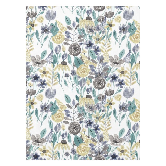 Modern Gray Yellow Floral Watercolor Pattern Tablecloth (Front)