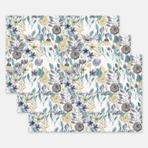 Modern Gray Yellow Floral Watercolor Pattern Wrapping Paper Sheets