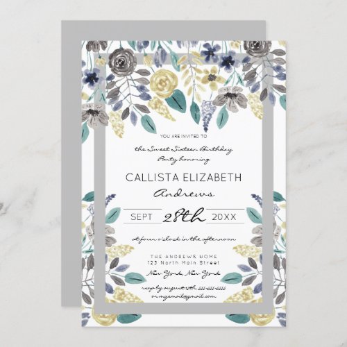 Modern Gray Yellow Floral Watercolor Sweet 16 Invitation