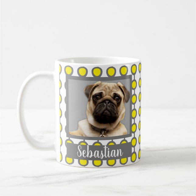 Modern Gray Yellow Geometric Pattern Pet Photo Coffee Mug (Left)