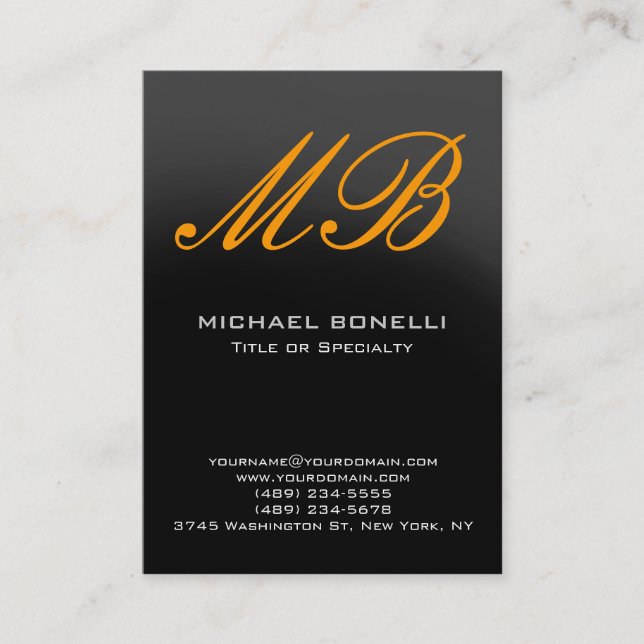 Modern gray yellow script monogram business card (Front)