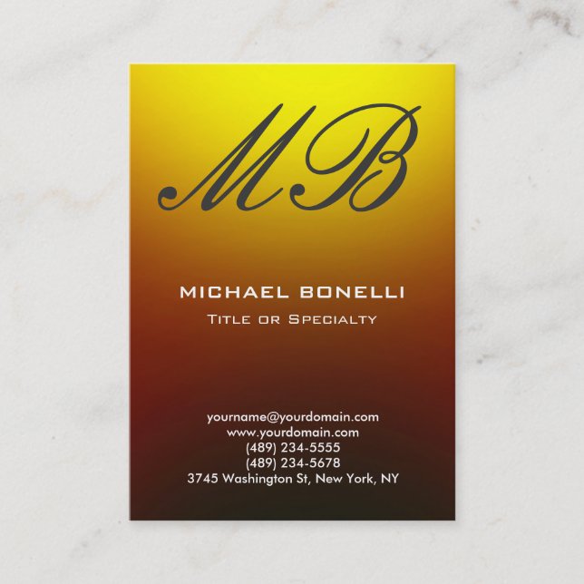Modern gray yellow script monogram business card (Front)