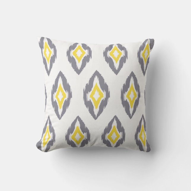 Modern gray yellow white Ikat Tribal Pattern 1b Throw Pillow (Front)
