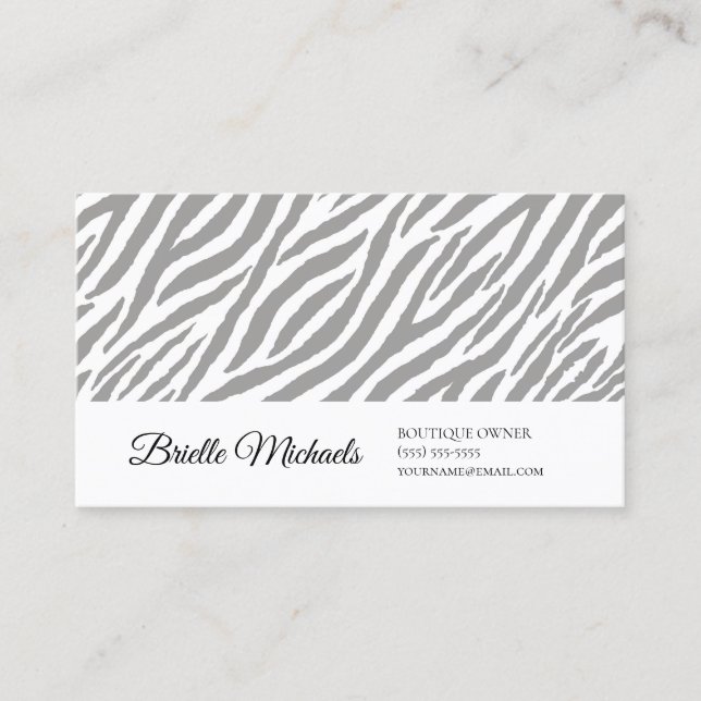Modern Gray Zebra Print Professional Script Business Card (Front)