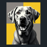 Modern Grayscale Pop Art Dog Portrait : Happy Lab Poster<br><div class="desc">This poster is a striking tribute to modern pop art, featuring a beloved Labrador Retriever in a bold, high-contrast design. The artwork uses a classic four-quadrant Warhol-style grid, with a sophisticated grayscale palette contrasted by a single, electrifying yellow. This unique color scheme makes the dog's happy, alert expression a focal...</div>