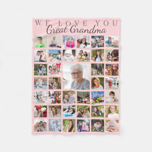Modern Great Grandma Photo Collage Pink Gray Fleece Blanket