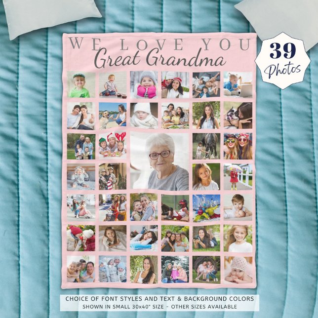 Modern Great Grandma Photo Collage Pink Gray Fleece Blanket (Creator Uploaded)