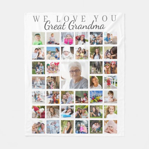 Modern Great Grandma Photo Collage White Gray Fleece Blanket