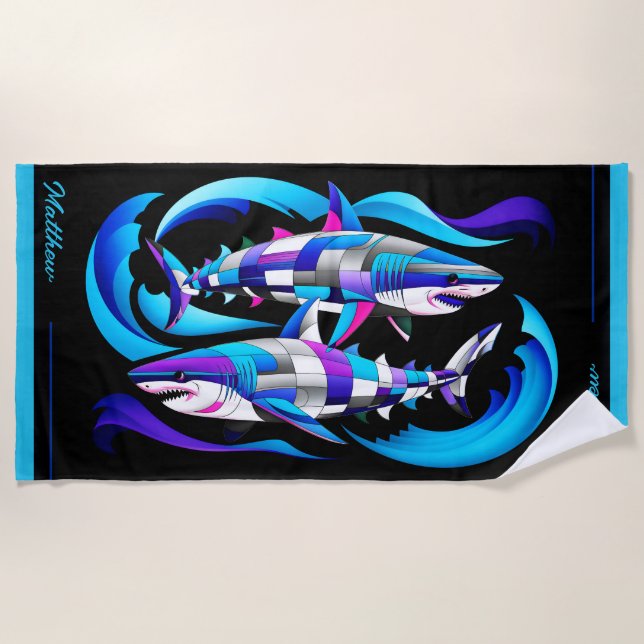 Modern Great White Sharks Customizable Beach Towel (Front)