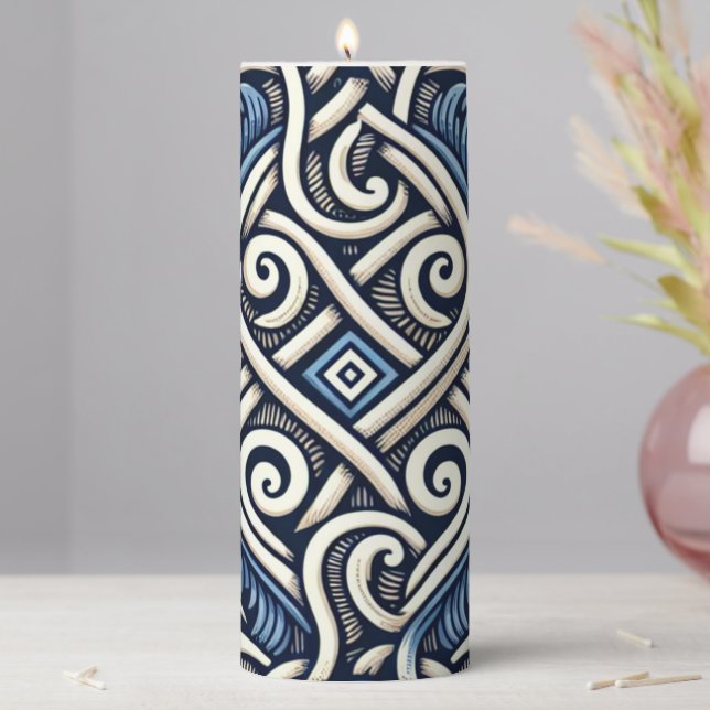 Modern Greek blue and white pattern Pillar Candle (In Situ)