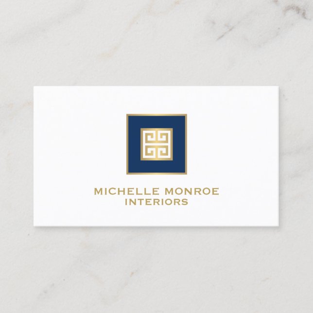 Modern Greek Key Designer Logo Gold/Navy Blue Business Card (Front)