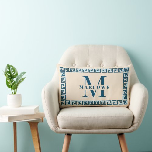 Modern Greek Key Frame Monogram Coastal Blue Lumbar Pillow