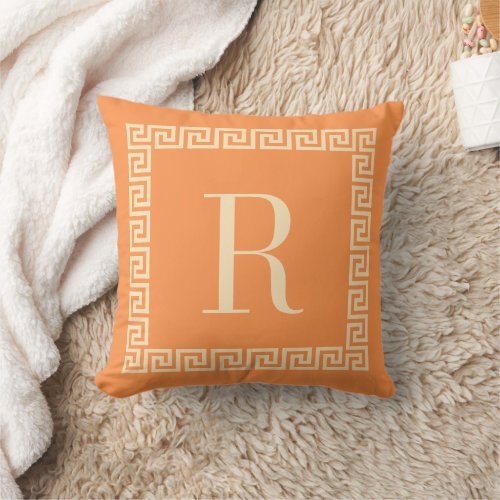 Modern Greek Key Frame Monogram Coral Orange Throw Pillow