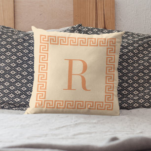 Modern Greek Key Frame Monogram Coral Orange Throw Pillow