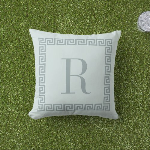 Modern Greek Key Frame Monogram Dusty Ocean Outdoor Pillow