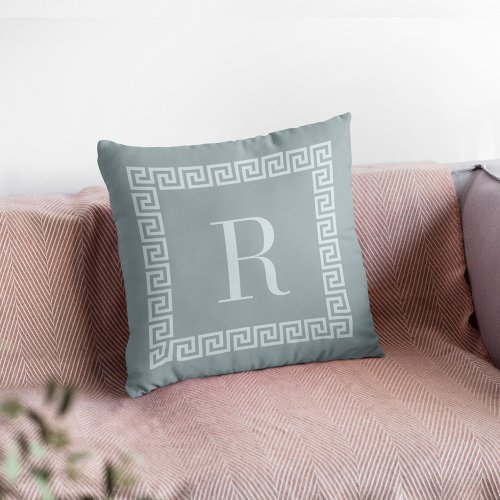 Modern Greek Key Frame Monogram Dusty Ocean Throw Pillow