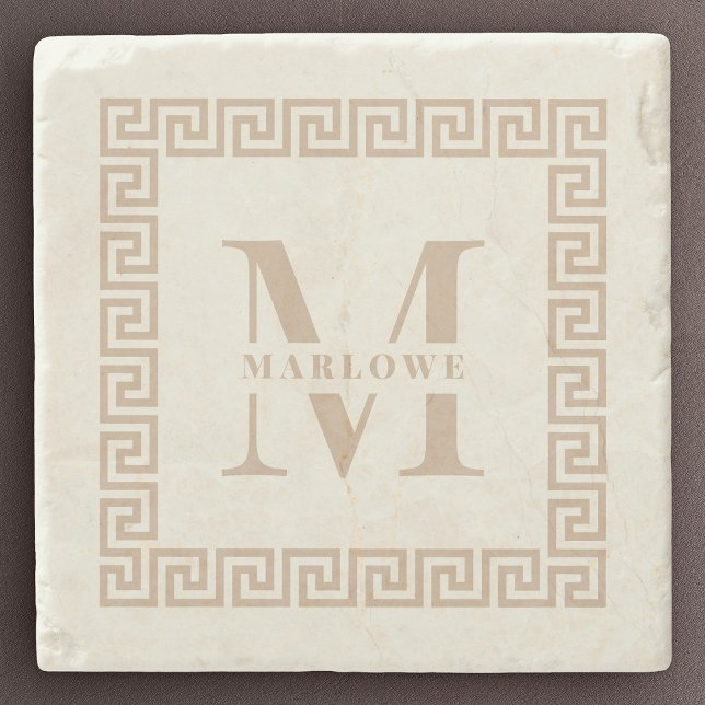 Modern Greek Key Frame Monogram Elegant Blush Stone Coaster (Creator Uploaded)