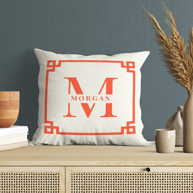 Modern Greek Key Frame Monogram Elegant Coral Throw Pillow (Creator Uploaded)