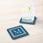 Modern Greek Key Frame Monogram Elegant Navy Beverage Coaster<br><div class="desc">Modern and elegant dusty Navy monogram coasters  with your custom initial and name within a greek key border frame surrounding in coastal mediterranean color way.</div>