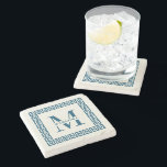 Modern Greek Key Frame Monogram Elegant Navy Stone Coaster<br><div class="desc">Modern and elegant dusty ocean blue monogram coaster with your custom initial and name within a greek key border frame surrounding in coastal mediterranean color way.</div>