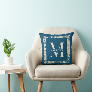 Modern Greek Key Frame Monogram Elegant Navy Throw Pillow