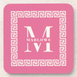 Modern Greek Key Frame Monogram Elegant Pink  Beverage Coaster<br><div class="desc">Modern and elegant pink monogram coasters  with your custom initial and name within a greek key border frame surrounding in coastal mediterranean color way.</div>