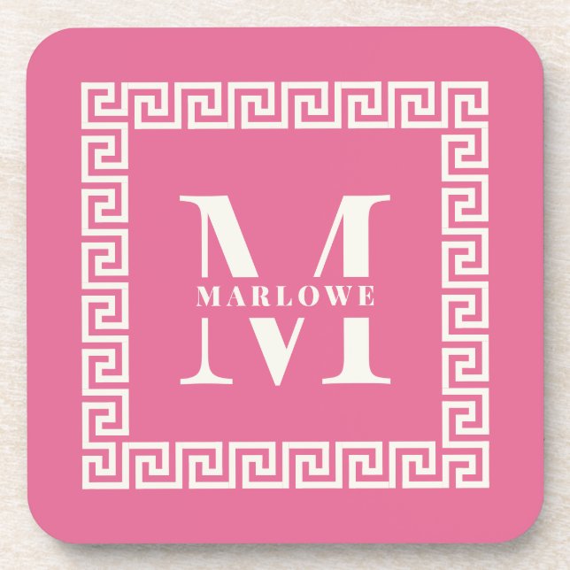 Modern Greek Key Frame Monogram Elegant Pink  Beverage Coaster (Front)
