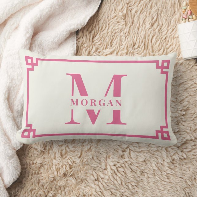 Modern Greek Key Frame Monogram Elegant Pink Lumbar Pillow (Blanket)