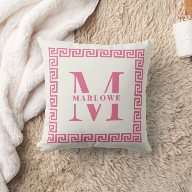 Modern Greek Key Frame Monogram Elegant Pink Throw Pillow (Blanket)