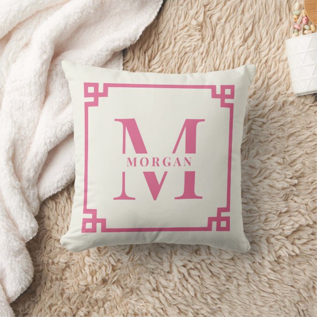 Modern Greek Key Frame Monogram Elegant Pink Throw Pillow (Blanket)