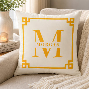 Modern Greek Key Frame Monogram Elegant Sunflower Throw Pillow