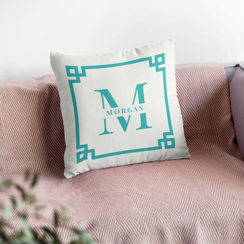 Modern Greek Key Frame Monogram Elegant Teal Throw Pillow