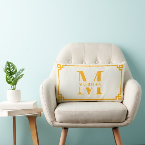 Modern Greek Key Frame Monogram Elegant Yellow Lumbar Pillow