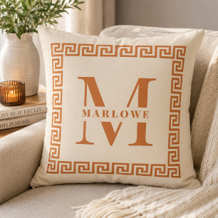 Modern Greek Key Frame Monogram Terracota orange Throw Pillow