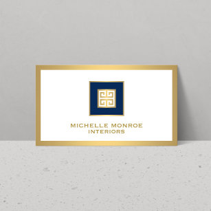 Modern Greek Key Logo Gold/Navy Blue Bordered Business Card