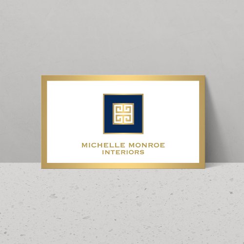 Modern Greek Key Logo GoldNavy Blue Bordered Business Card