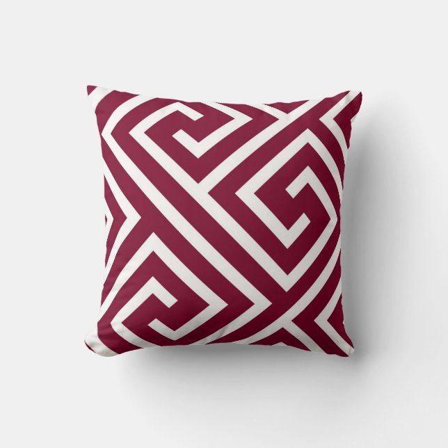 Modern Greek Key Pattern in Cranberry and White Throw Pillow (Front)