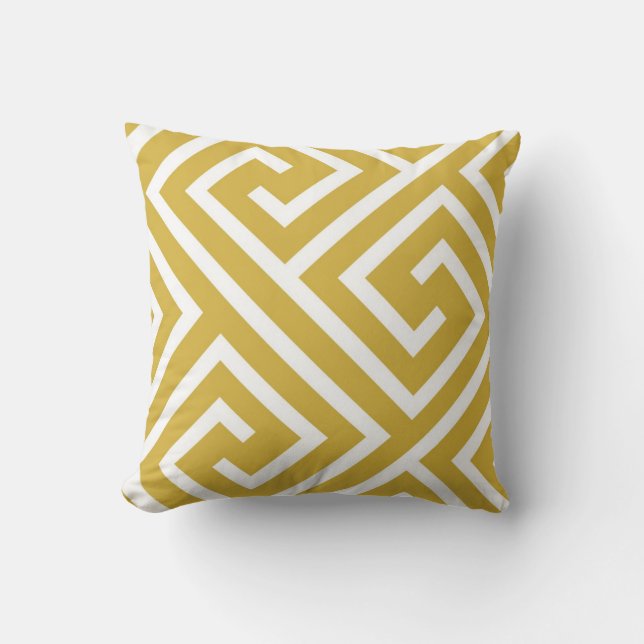 Modern Greek Key Pattern in Mustard and White Throw Pillow (Front)