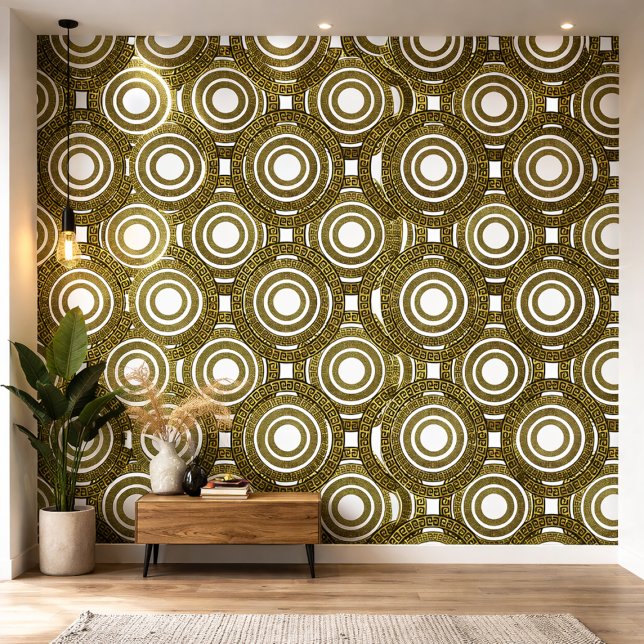 Modern Greek Meander Circle Gold & Olive Geometric Wallpaper (Creator Uploaded)